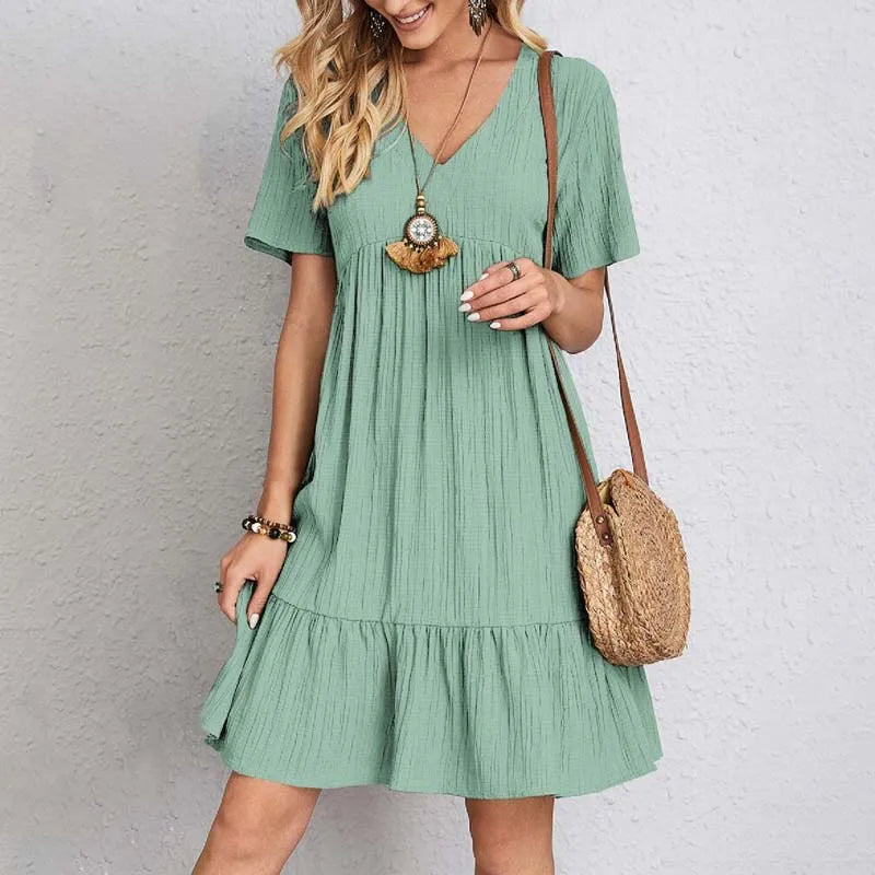 Women's - V Neck Mini Dress - Soft Fabric - Comfy Casual Style - Perfect for Summer Outings and Everyday Wear