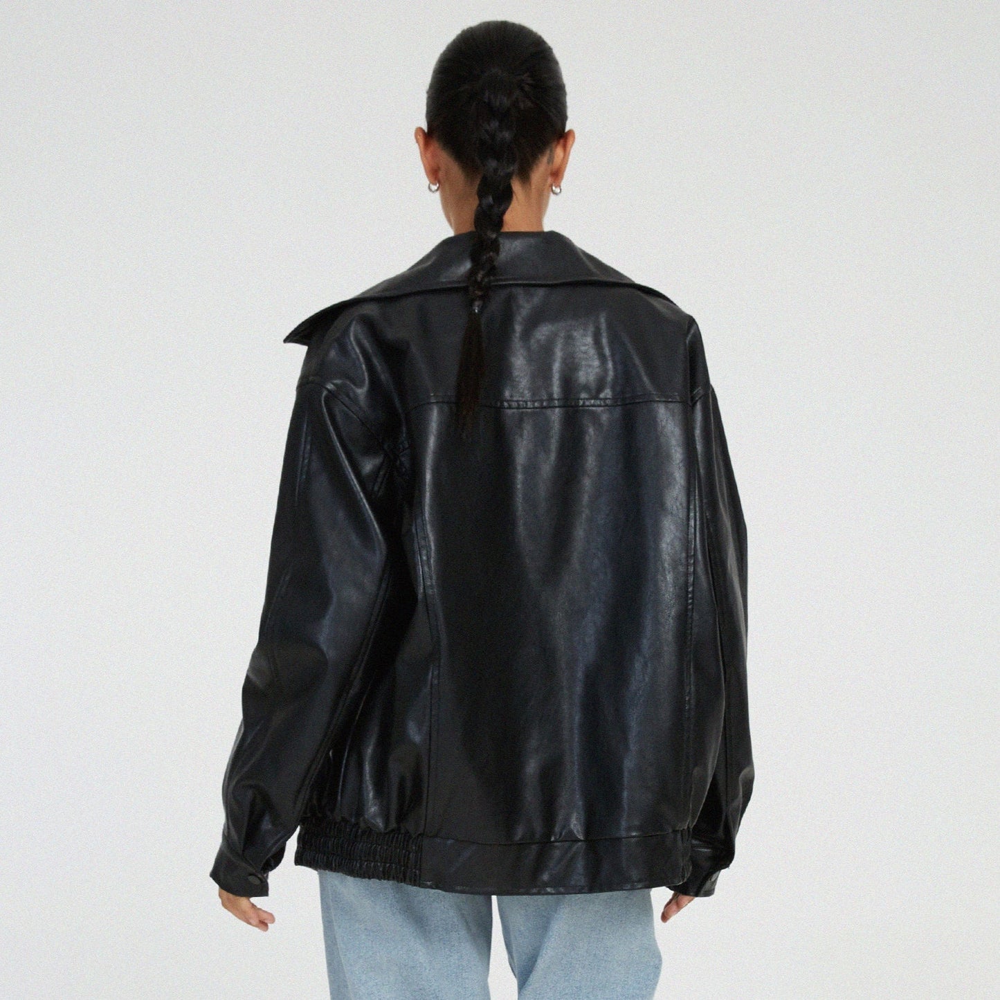 Women's - Relaxed Leather Jacket - Zip-Up High Collar Fit