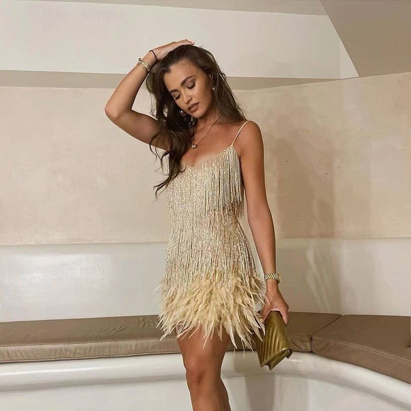Women's - Sequin Cocktail Dress with Feathers