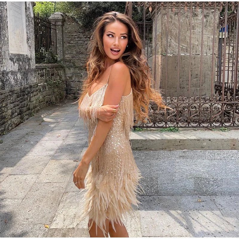 Women's - Sequin Cocktail Dress with Feathers