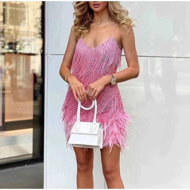 Women's - Sequin Cocktail Dress with Feathers