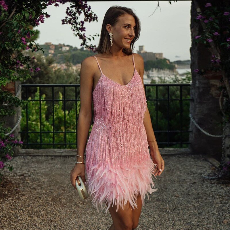 Women's - Sequin Cocktail Dress with Feathers