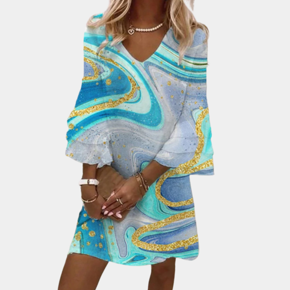 Women's - V-Neck Ruffle Sleeve Dress - Elegant Style