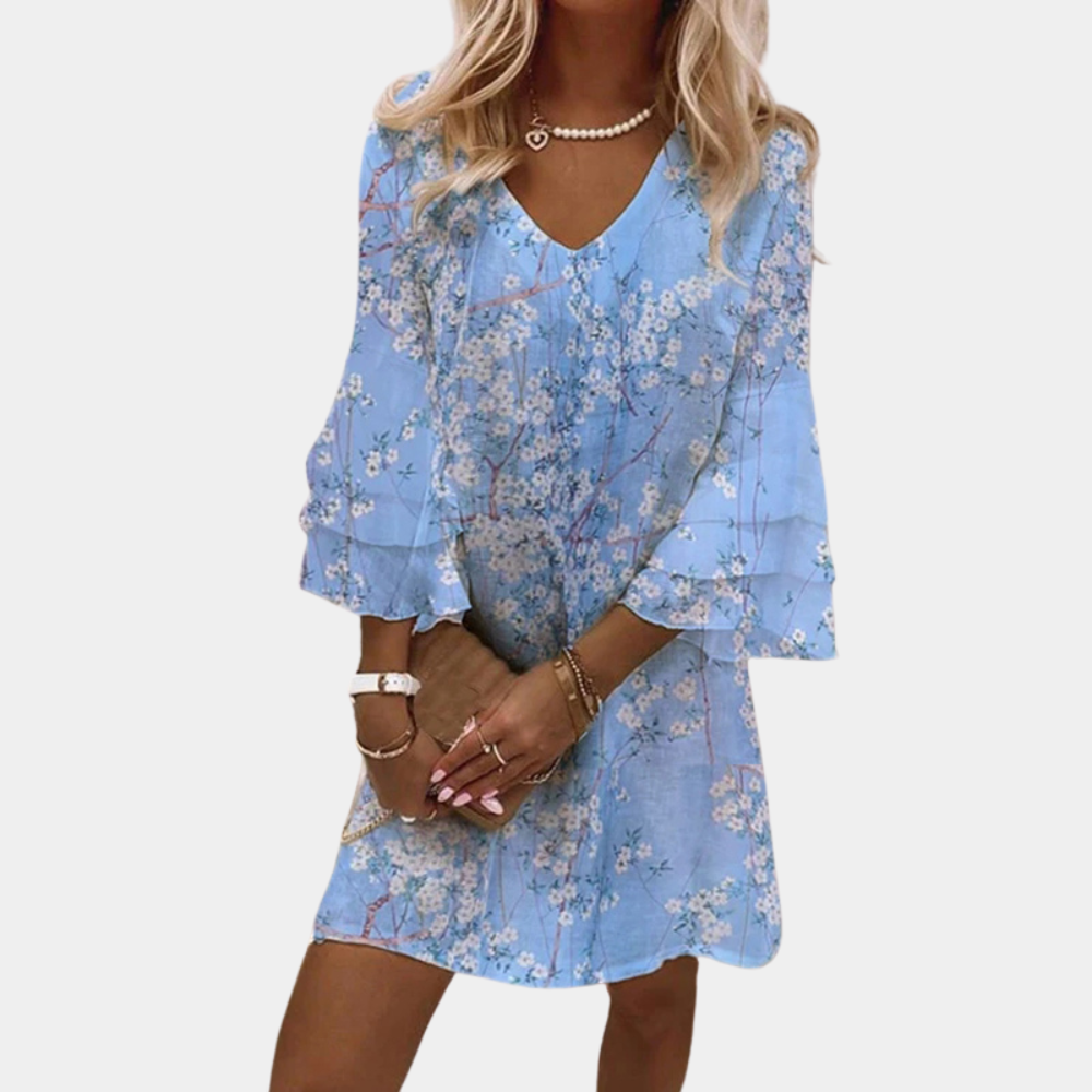 Women's - V-Neck Ruffle Sleeve Dress - Elegant Style
