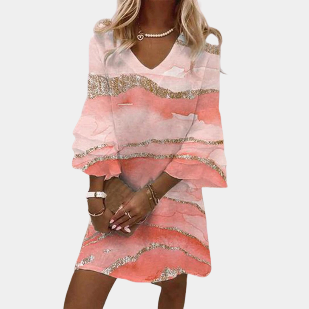 Women's - V-Neck Ruffle Sleeve Dress - Elegant Style