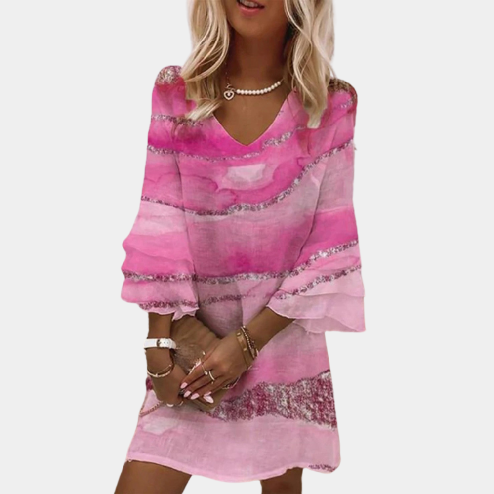 Women's - V-Neck Ruffle Sleeve Dress - Elegant Style