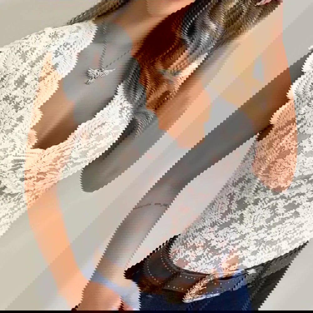 Women's - V-Neck Lace Top - Lightweight Elegant Fabric - Effortless Style for Any Occasion - Perfect for Graceful Looks