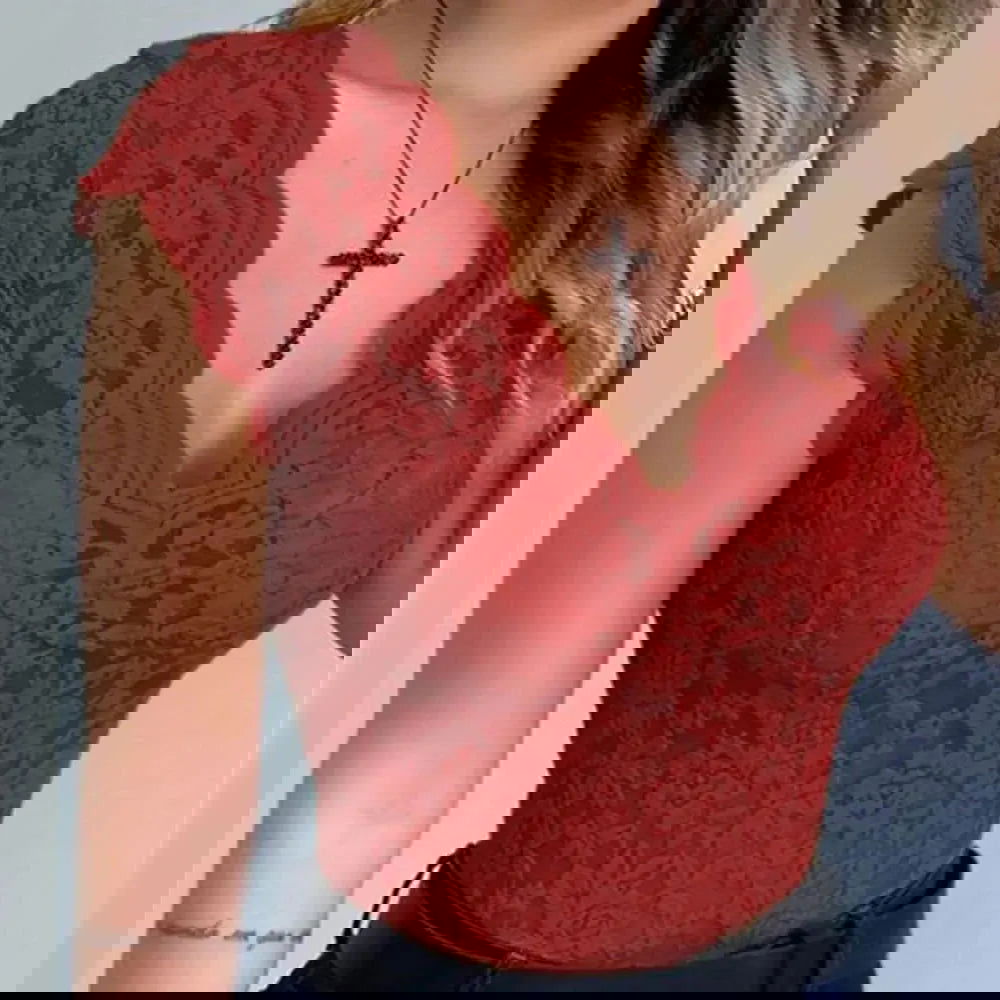 Women's - V-Neck Lace Top - Lightweight Elegant Fabric - Effortless Style for Any Occasion - Perfect for Graceful Looks