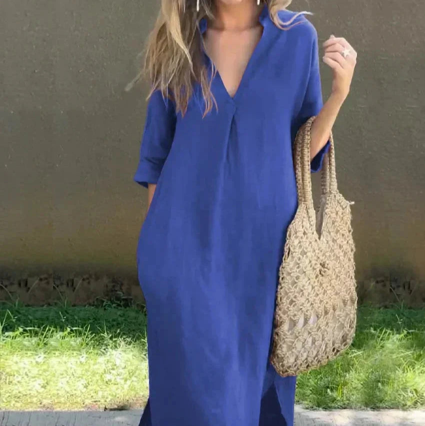 Women's - Elegant V-Neck Dress - Chic Style & Comfort