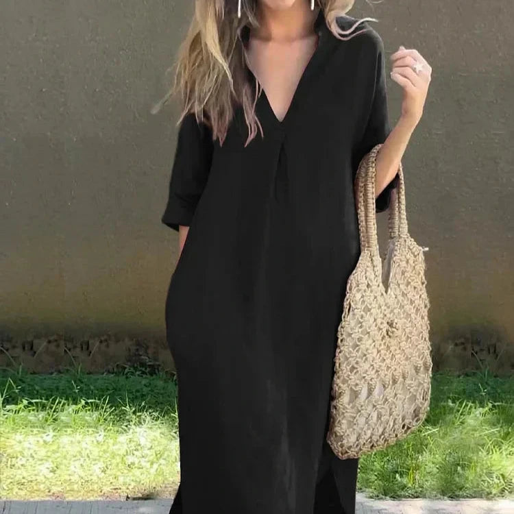 Women's - Elegant V-Neck Dress - Chic Style & Comfort