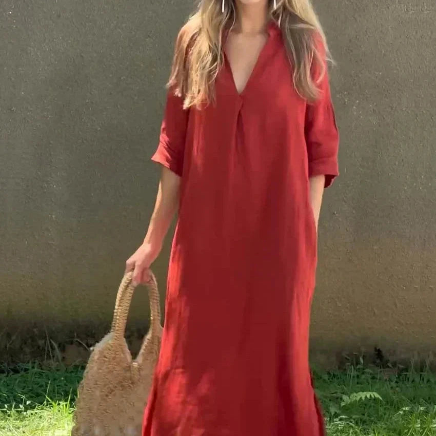 Women's - Elegant V-Neck Dress - Chic Style & Comfort