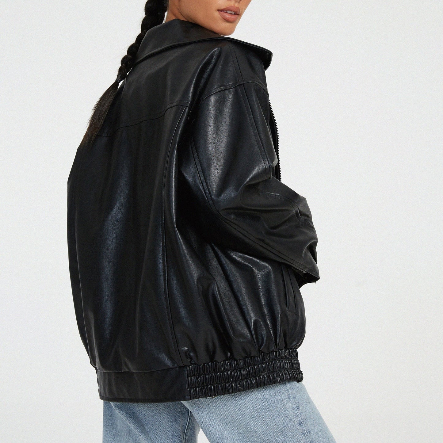 Women's - Relaxed Leather Jacket - Zip-Up High Collar Fit