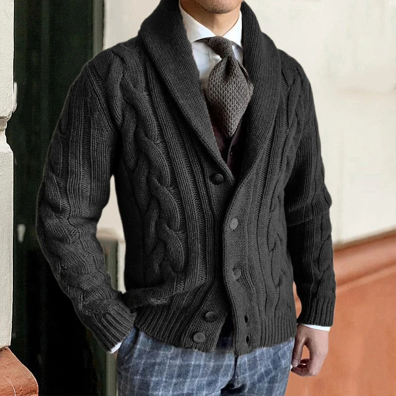Men's - Cable Knit Cardigan - Shawl Collar Button