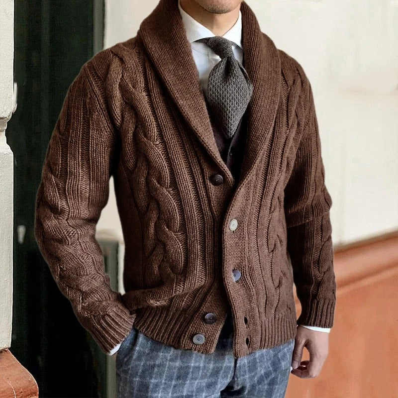 Men's - Cable Knit Cardigan - Shawl Collar Button