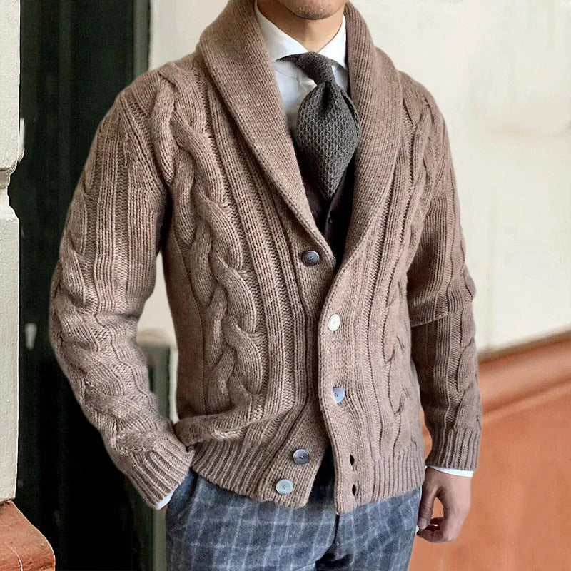 Men's - Cable Knit Cardigan - Shawl Collar Button