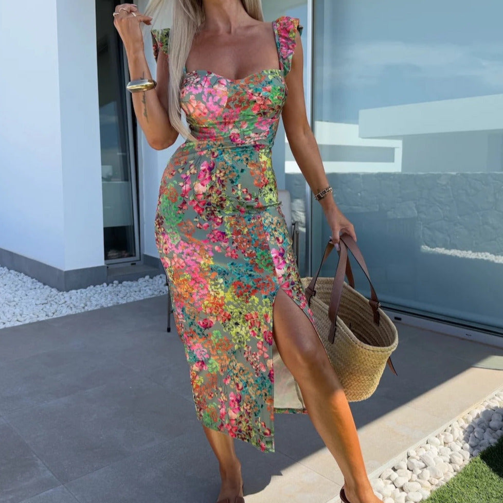 Women's - Elegant Floral Midi Dress - Summer Fashion