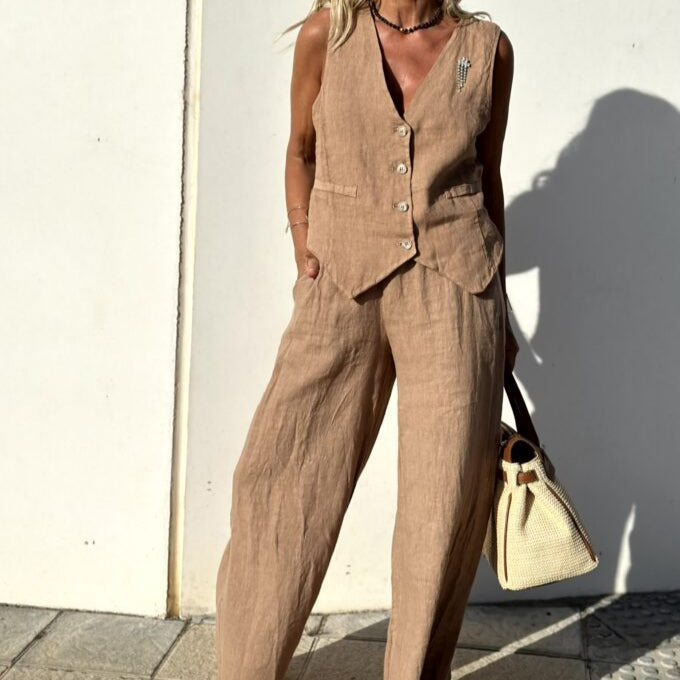 Women's - Chic Linen Vest and Pants Set - Stylish Comfort