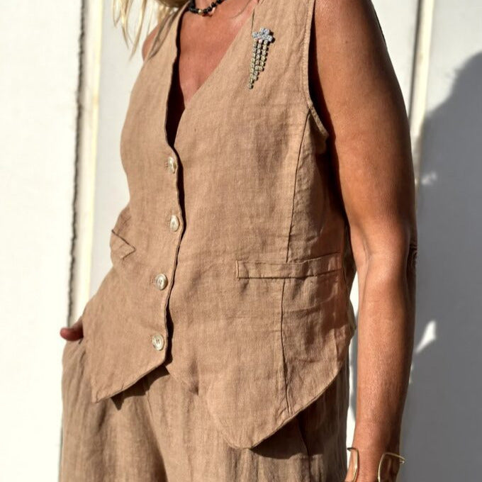 Women's - Chic Linen Vest and Pants Set - Stylish Comfort