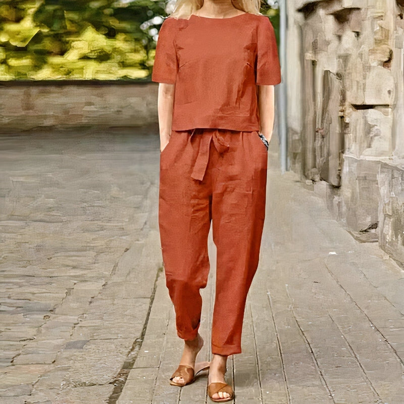 Women’s - Linen Blouse and Pants Set - Stylish, Comfortable Outfit - Ideal for Casual Outings and Everyday Style