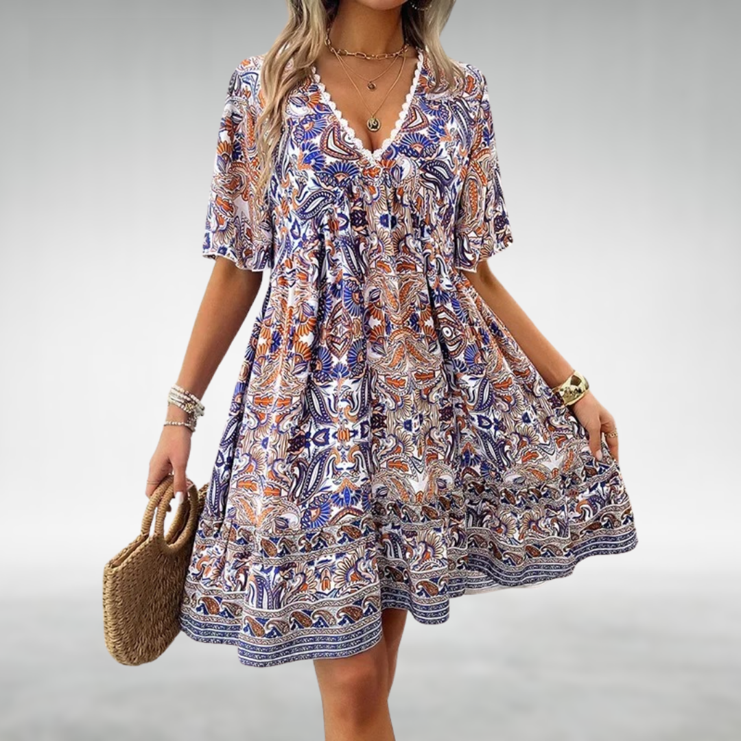 Women's - Boho Paisley Print Mini Dress - Lightweight Fabric