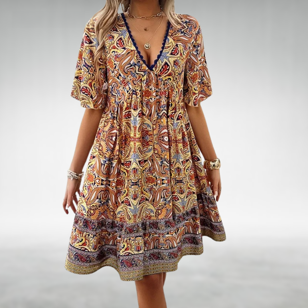 Women's - Boho Paisley Print Mini Dress - Lightweight Fabric