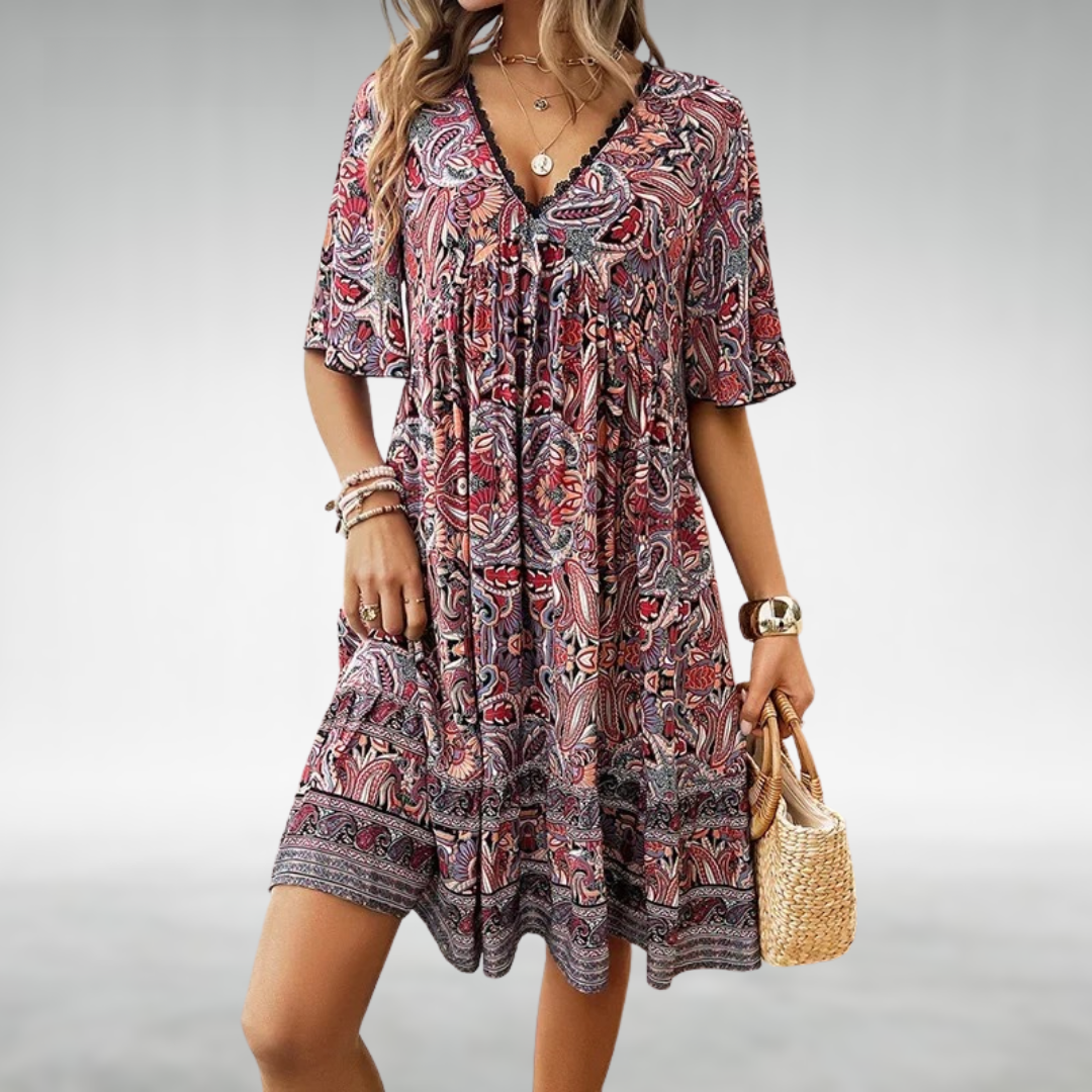 Women's - Boho Paisley Print Mini Dress - Lightweight Fabric
