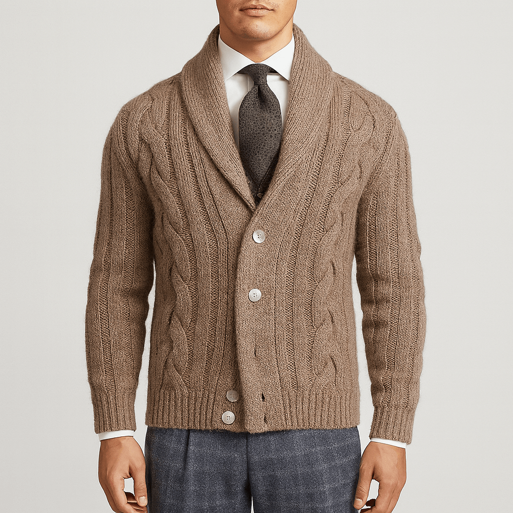Men's - Cable Knit Cardigan - Shawl Collar Button