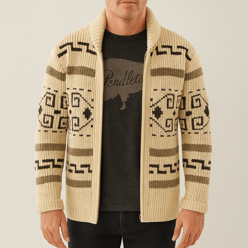 Men's - Knit Zip-Up Cardigan - Shawl Collar Pattern