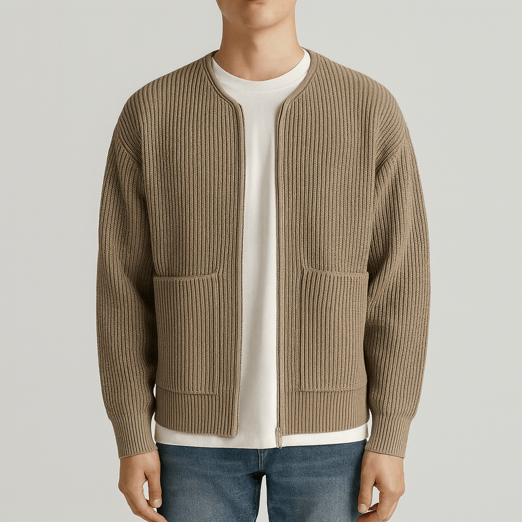 Men's - Minimalist Zip-Up Cardigan - Ribbed Knit Style