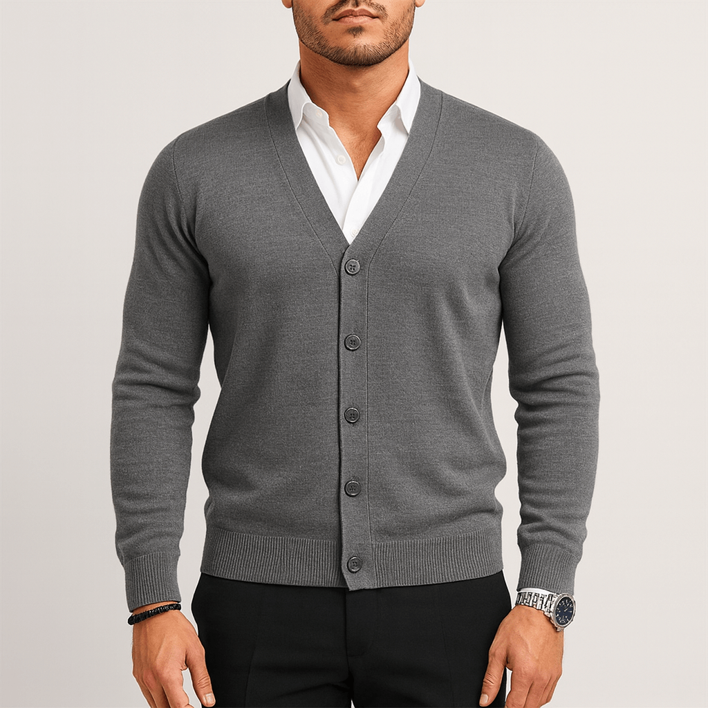 Men's - Slim Fit Cardigan - V-Neck Button Ribbed Hem