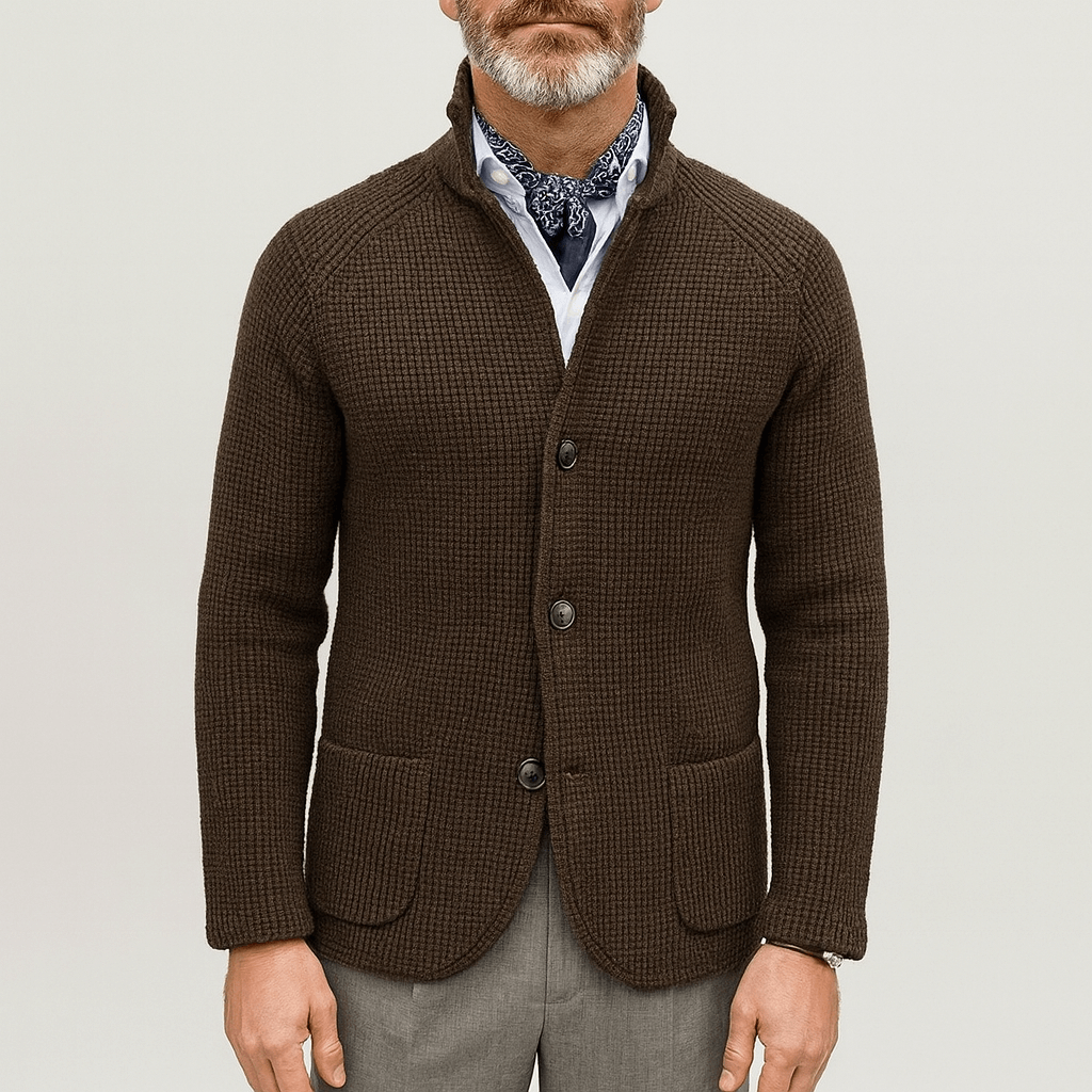 Men's - Textured Knit Cardigan - Stand Collar