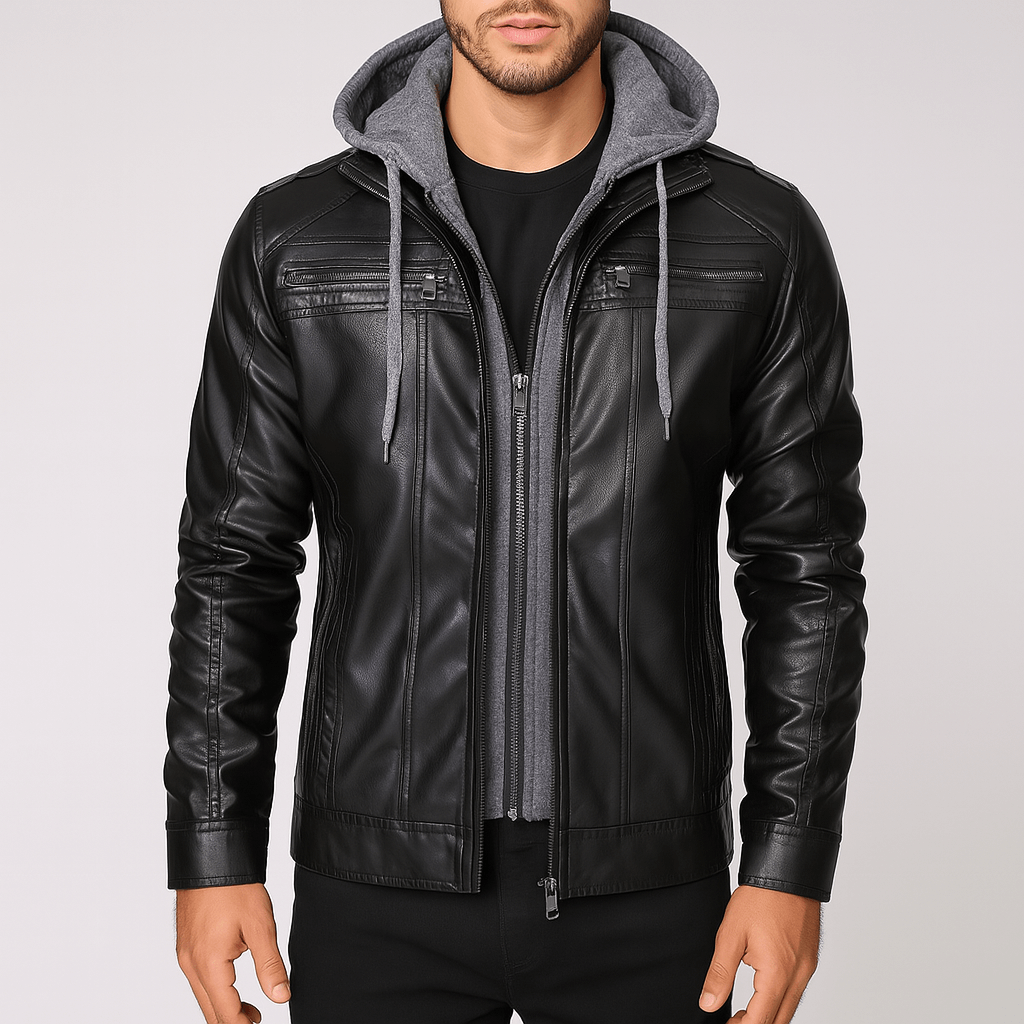 Men's - Biker Jacket with Hood - Stylish & Comfortable Outerwear