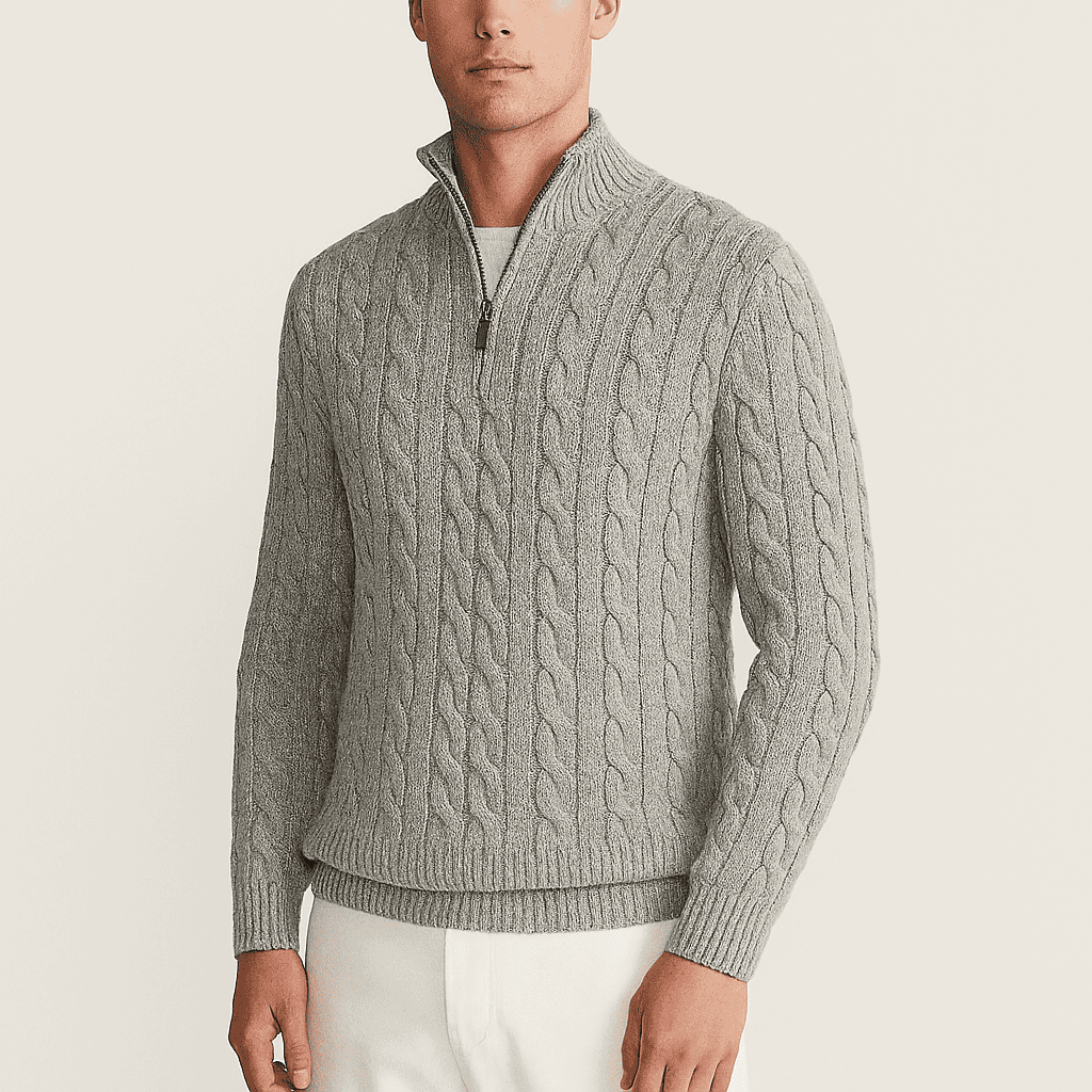 Men's - Half Zip Cable Knit Jumper - Cosy Wool Blend - Stylish Layering Piece