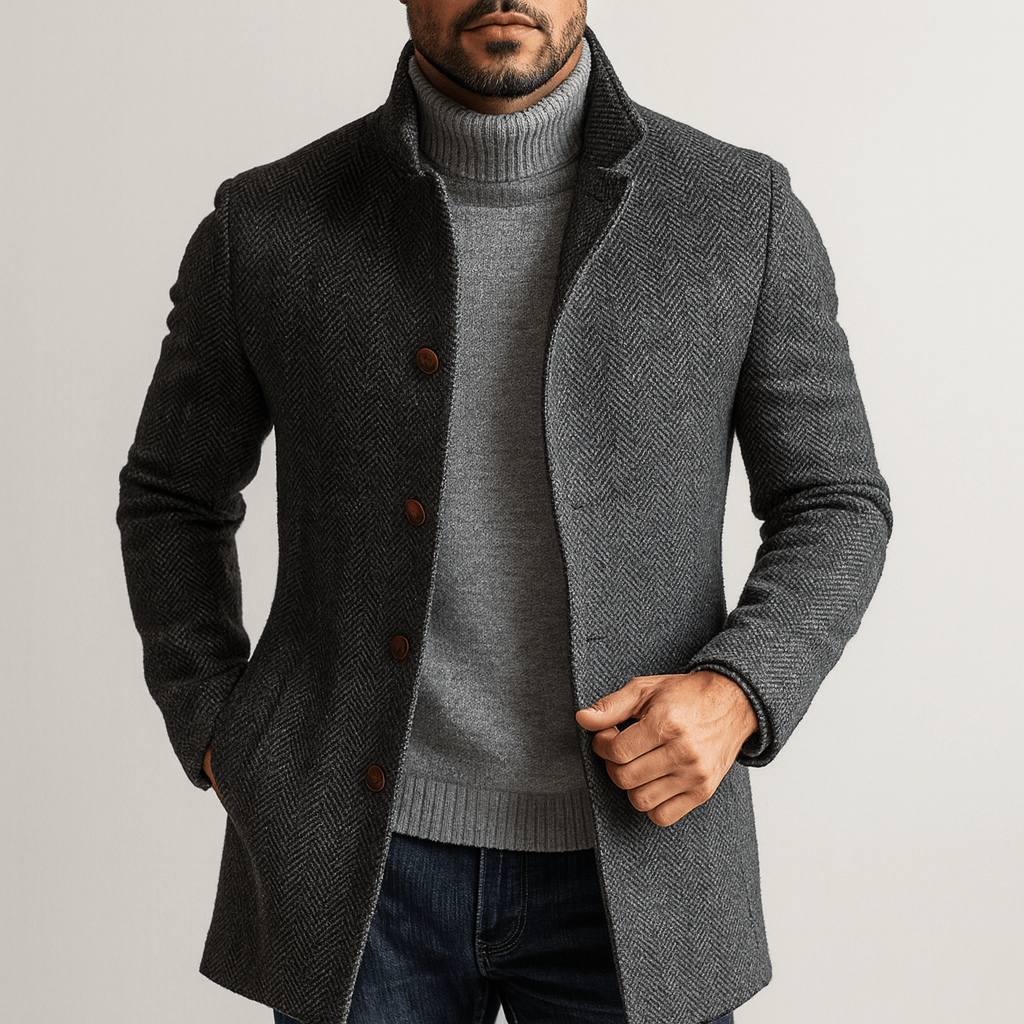 Men's - Mid-Length Coat - Herringbone Wool, Single-Breasted - Wool Coat