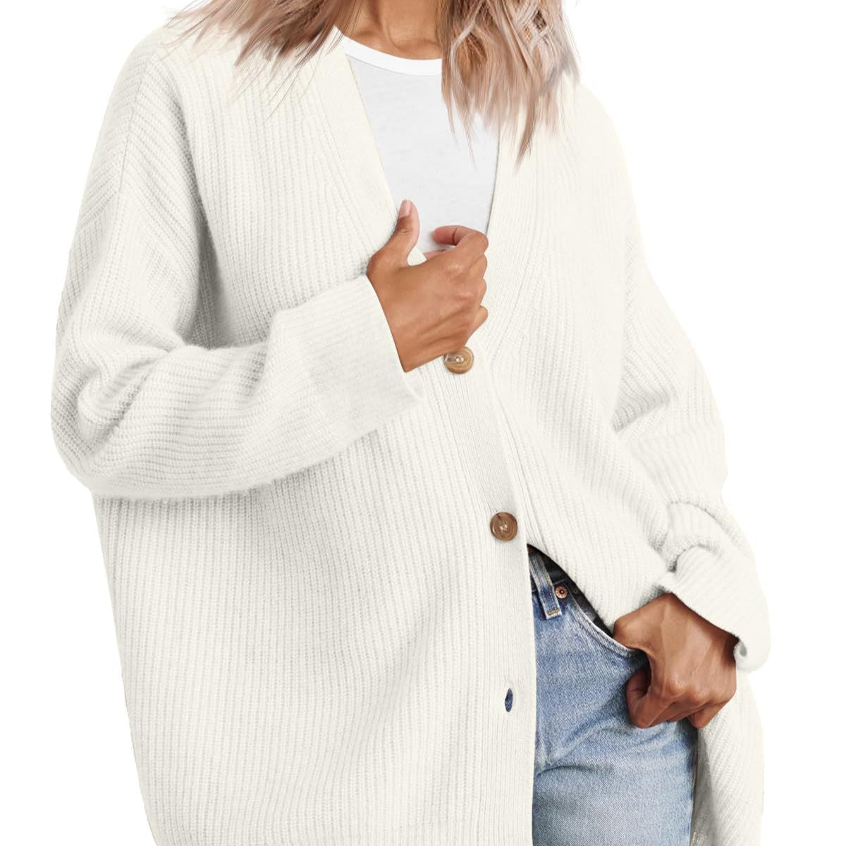 Women - Cardigan - Oversized Knit - Striped Look