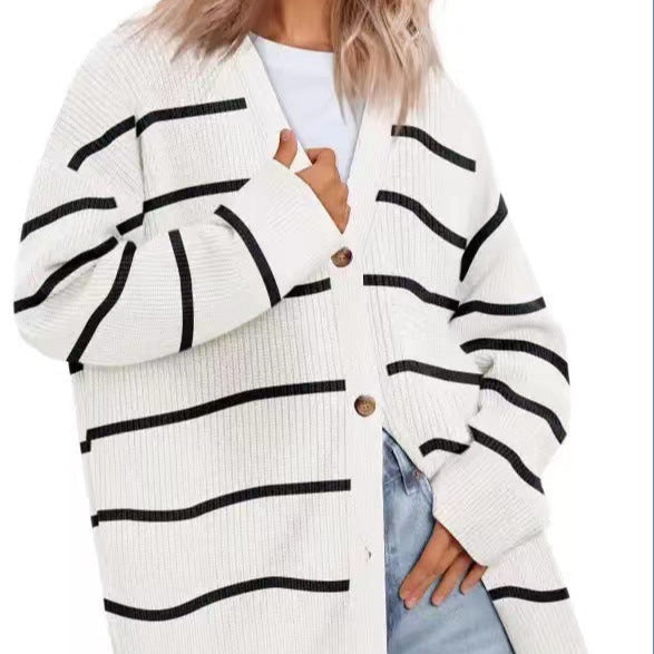 Women - Cardigan - Oversized Knit - Striped Look