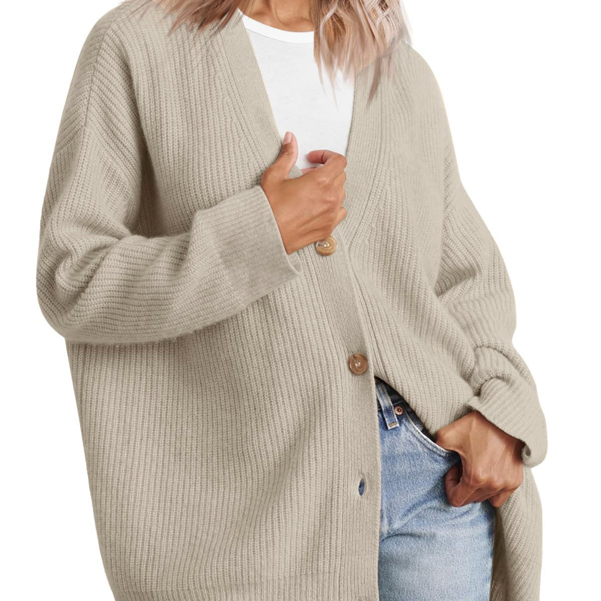 Women - Cardigan - Oversized Knit - Striped Look