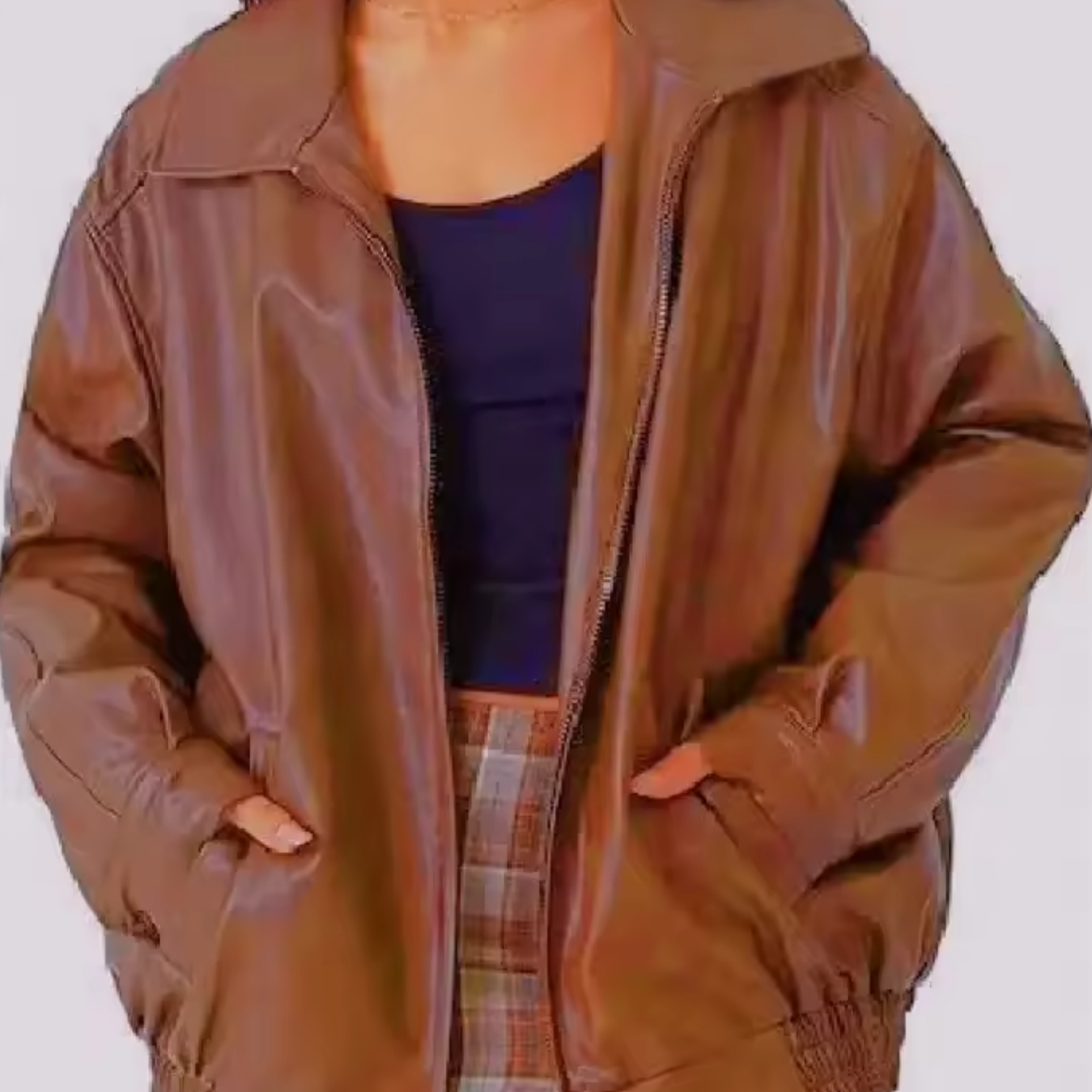 Women's - Relaxed Leather Jacket - Zip-Up High Collar Fit
