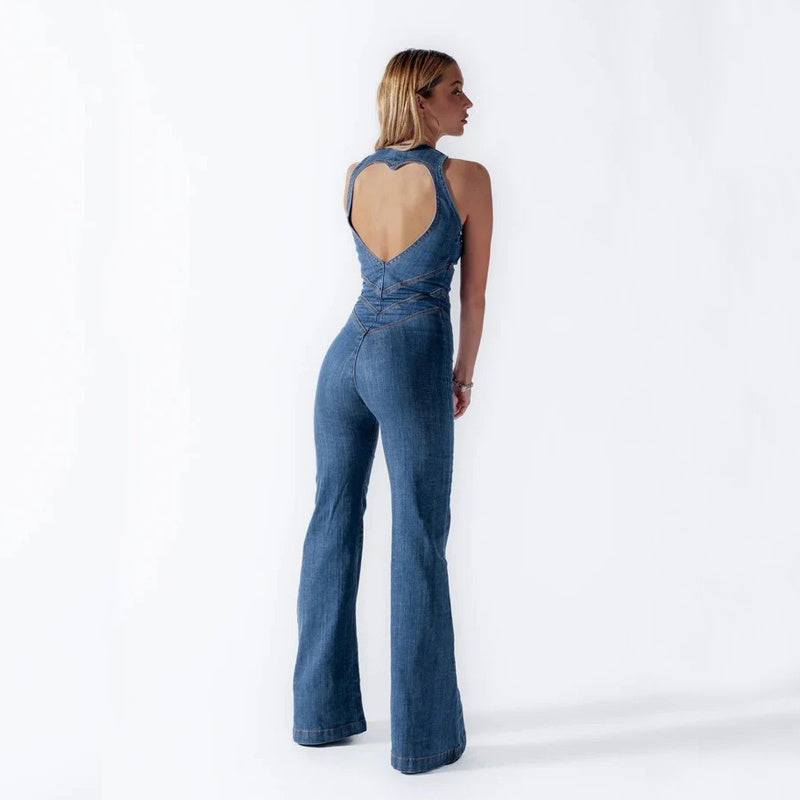 Women's - Denim Jumpsuit - Heart Back Design