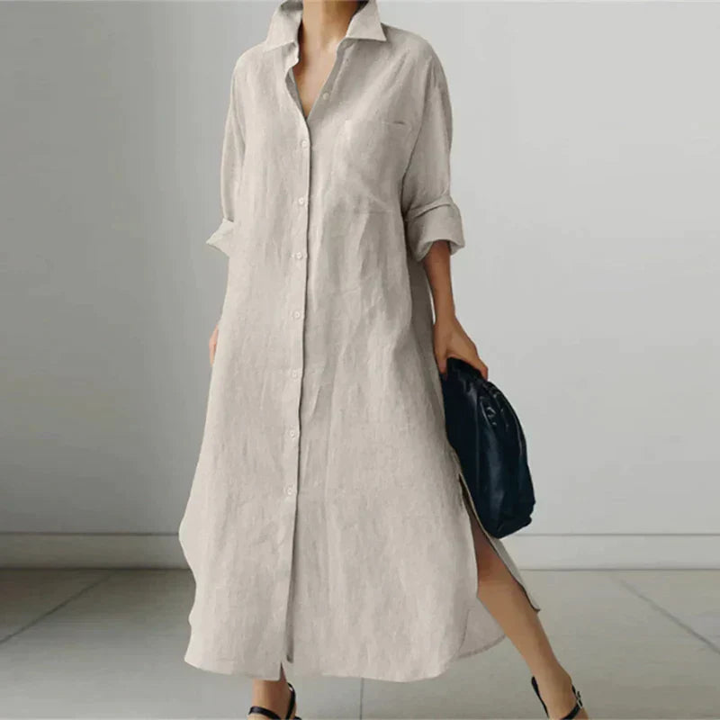 Women's - Button-Up Shirt Dress with Slit - Stylish Fit