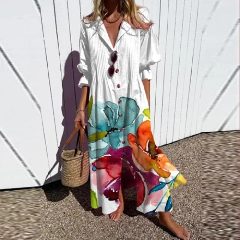 Women's - Boho V-Neck Maxi Dress - Stylish & Flowing