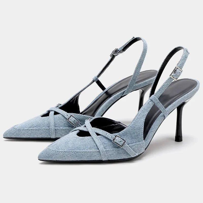 Women's - Pointed Denim Stilettos - Stylish High Heels - Trendy Denim Footwear for Every Occasion - Chic Women's Shoes