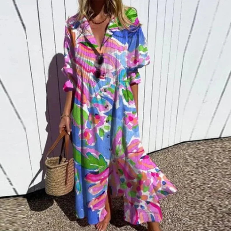 Women's - Boho V-Neck Maxi Dress - Stylish & Flowing