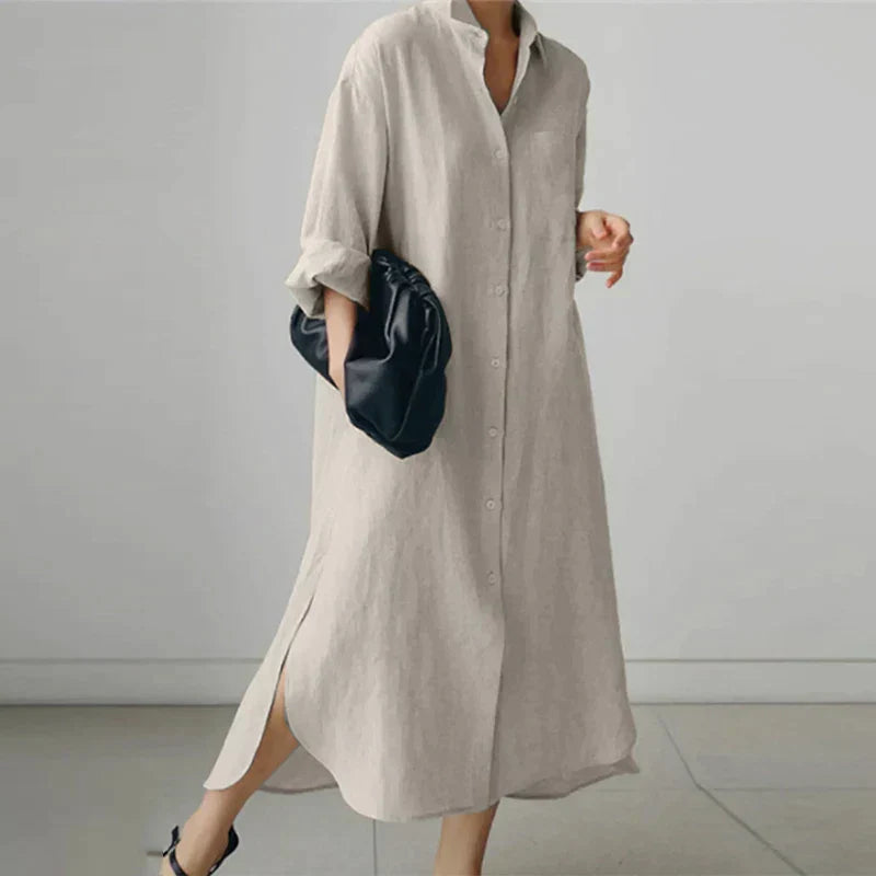 Women's - Button-Up Shirt Dress with Slit - Stylish Fit