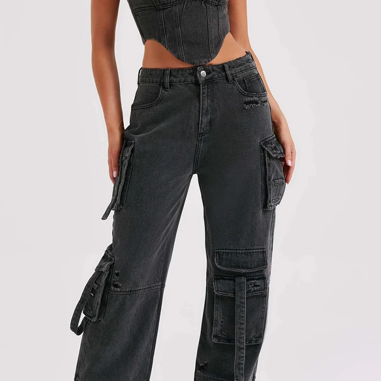 Women's - Stylish Denim Cargo Pants - Trendy & Versatile - Comfortable Fit - Perfect for Everyday Wear