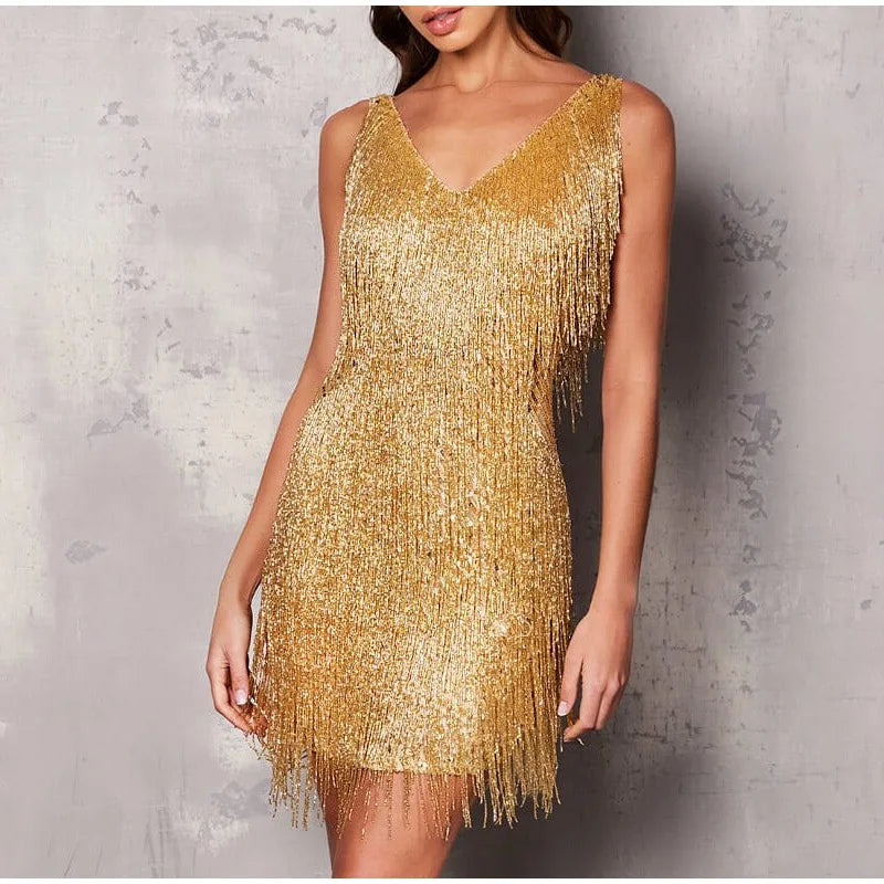 Women's - Elegant Mini Dress - Sequin and Feather Design - Perfect for Parties and Special Occasions