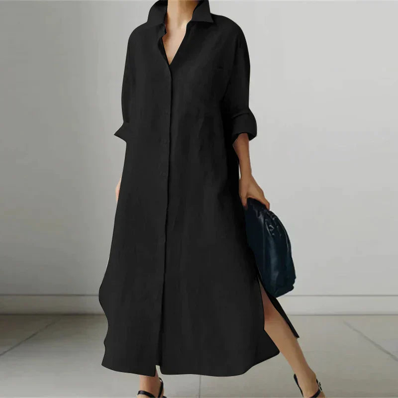 Women's - Button-Up Shirt Dress with Slit - Stylish Fit