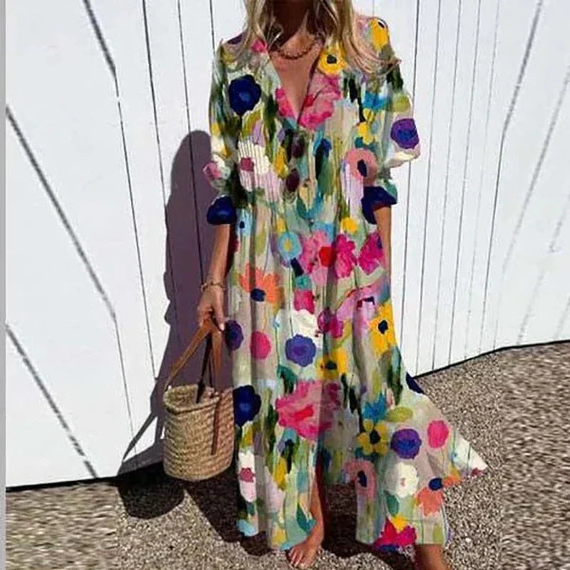 Women's - Boho V-Neck Maxi Dress - Stylish & Flowing