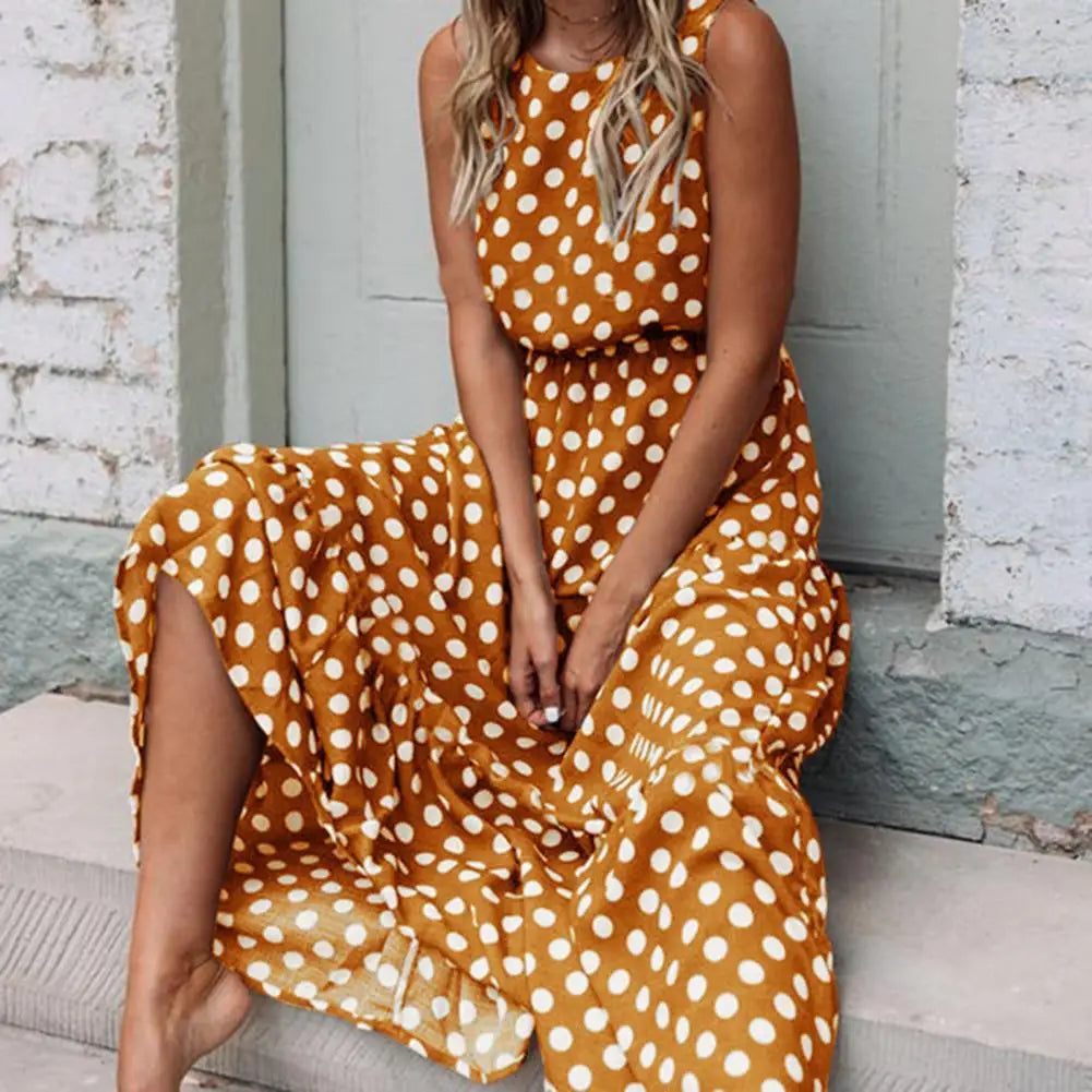 Women's - Sleeveless Polka Dot Maxi Dress - Chic Style