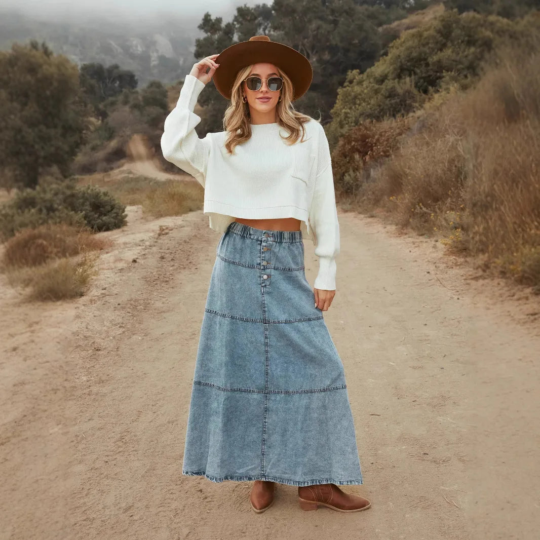 Women's - Boho Maxi Denim Skirt - Stylish, Comfortable, Versatile Fashion Staple